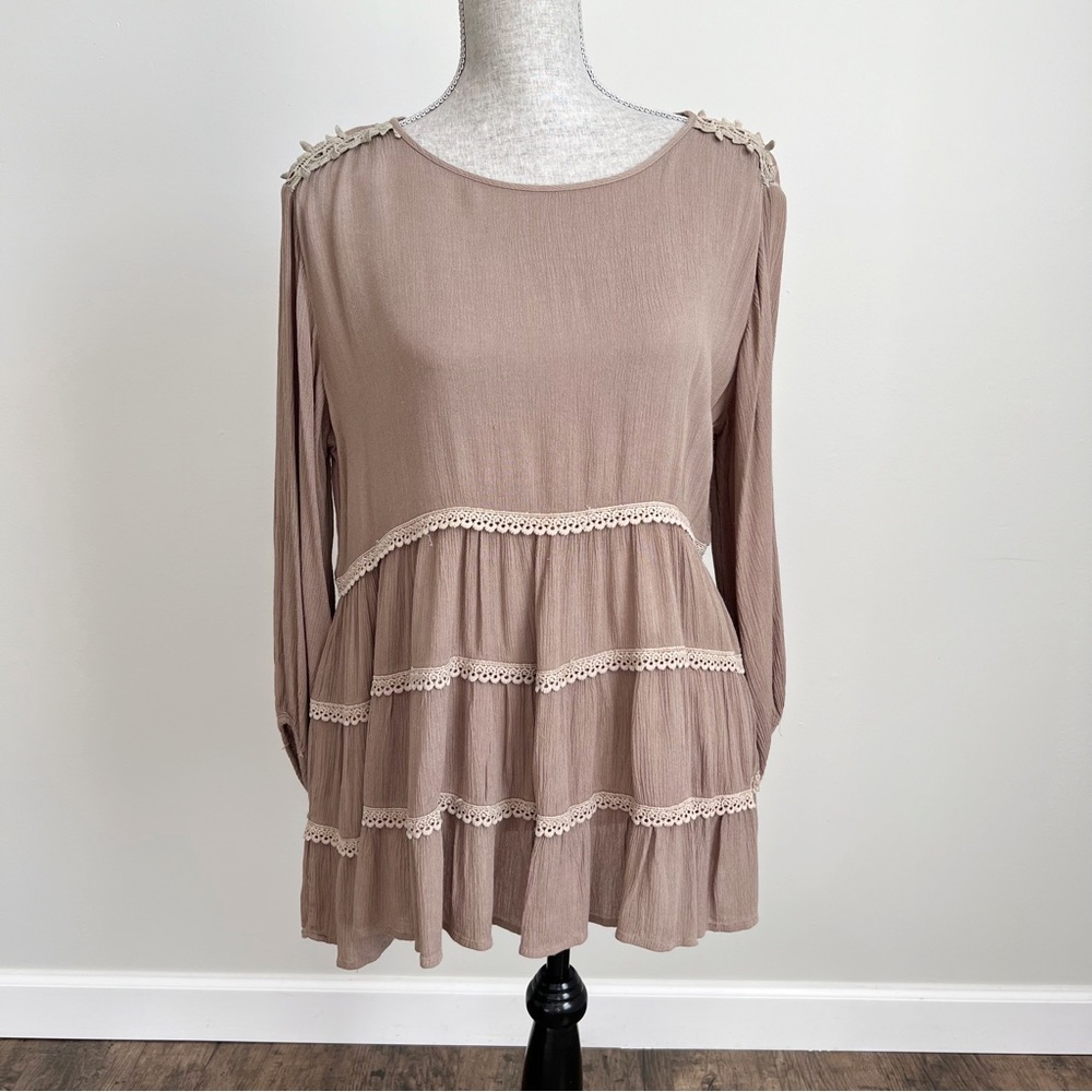 Altard State Tiered Crochet Ruffle Boho Tunic Top Blouse Medium